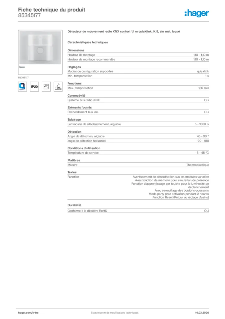 Image Hager Fiche technique du produit 85345177 | Hager Belgique