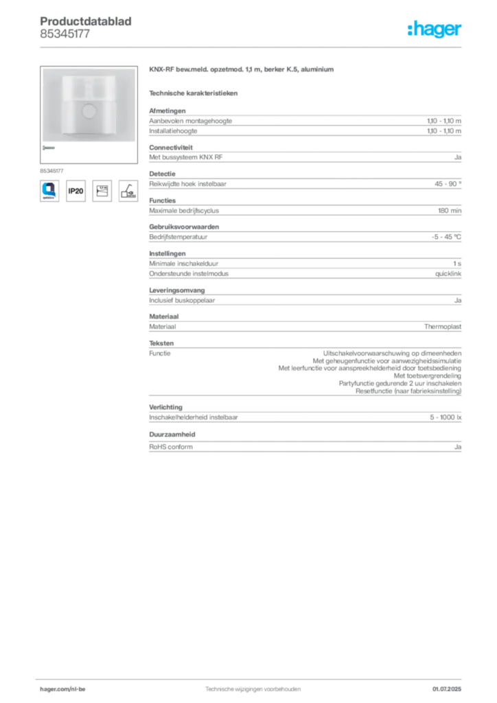 Afbeelding Hager Productdatablad 85345177 | Hager Belgium
