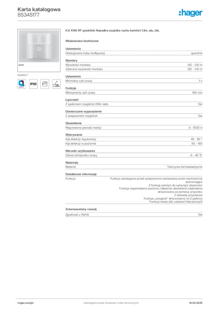 Zdjęcie Hager Karta katalogowa 85345177 | Hager Polska