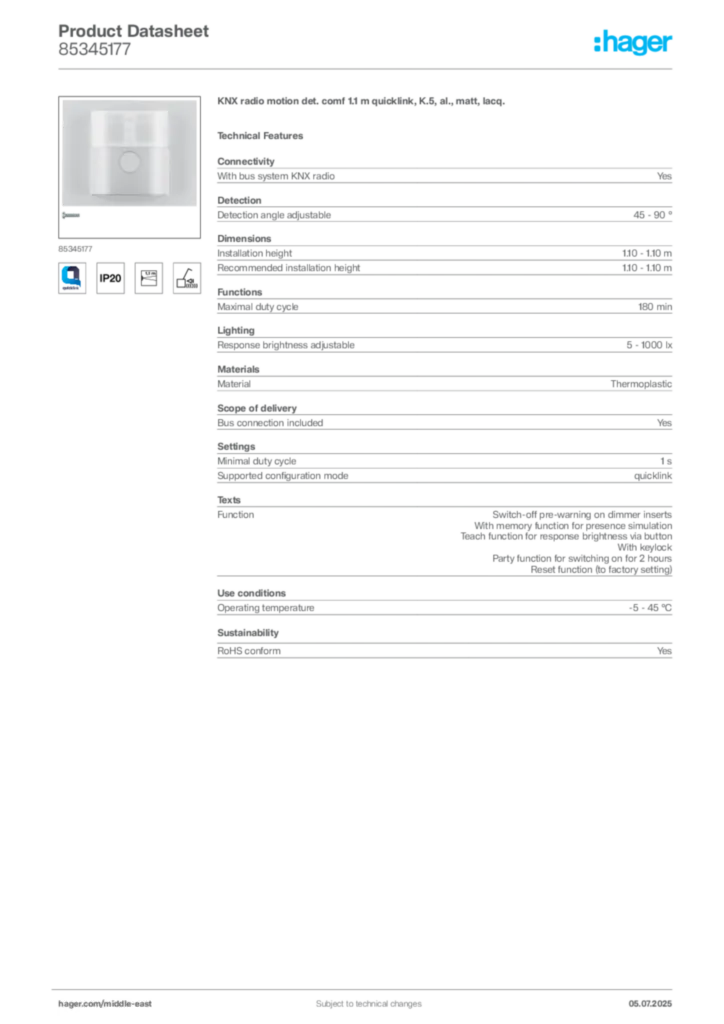 Image Hager Product data sheet 85345177  | Hager