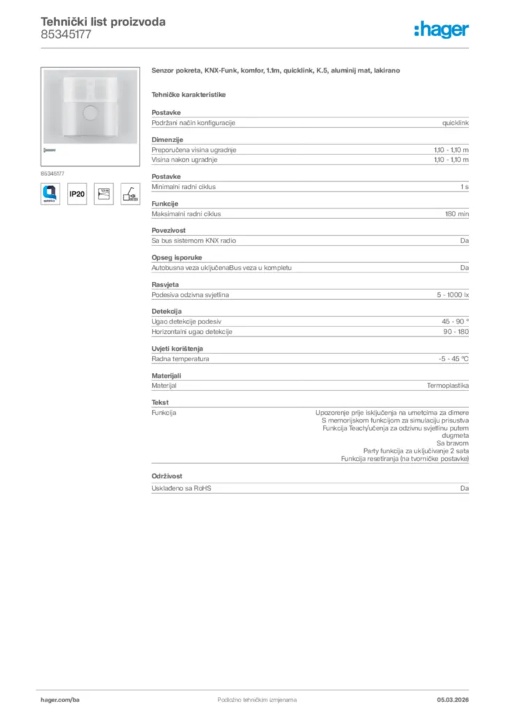 Slika Hager Tehnički list proizvoda 85345177  | Hager