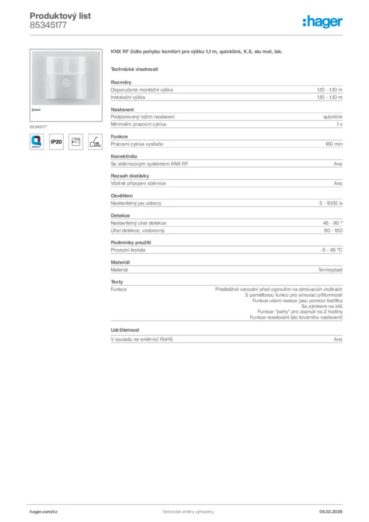 Obrázek Hager Product data sheet 85345177 | Hager