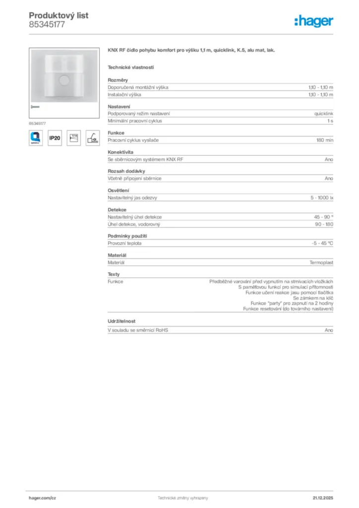 Obrázek Hager Produktový list 85345177 | Hager