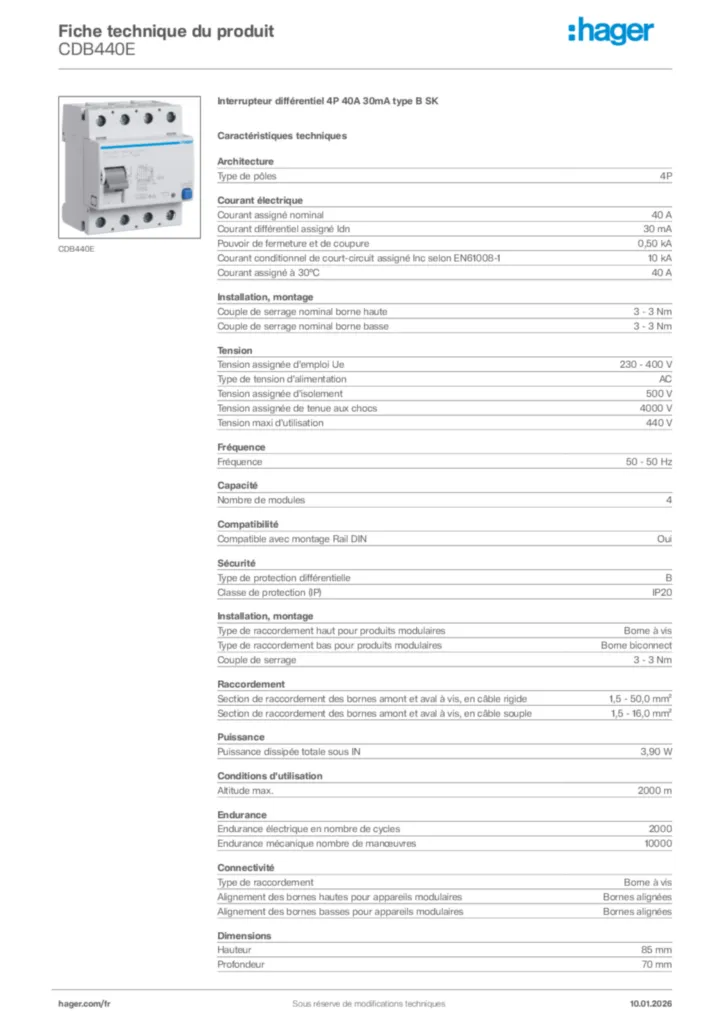 Image Hager Fiche technique du produit CDB440E | Hager France
