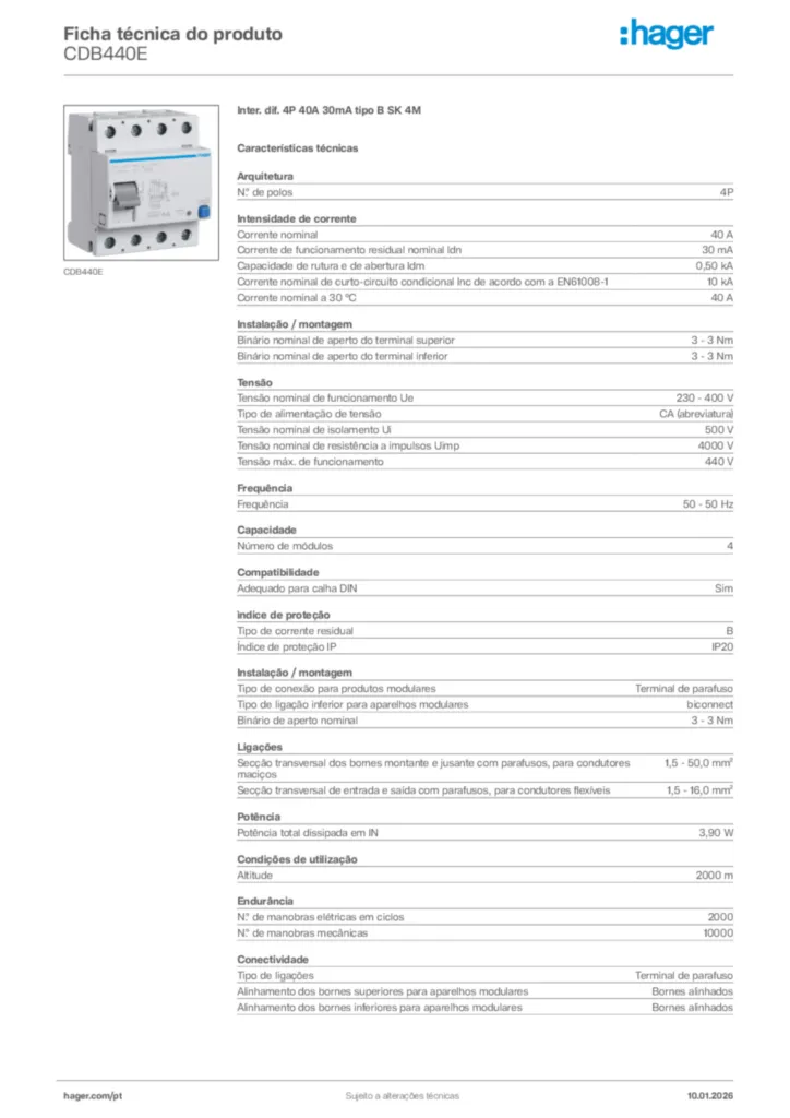Imagem Hager Ficha técnica do produto CDB440E | Hager Portugal