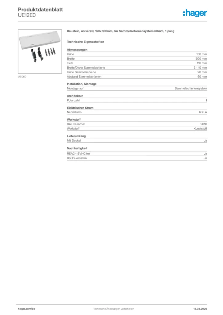 Bild Hager Produktdatenblatt UE12E0 | Hager Deutschland