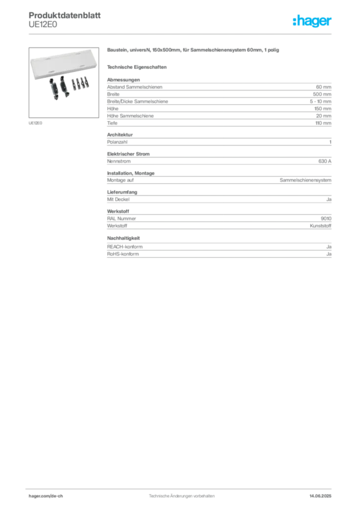 Bild Hager Produktdatenblatt UE12E0 | Hager Schweiz