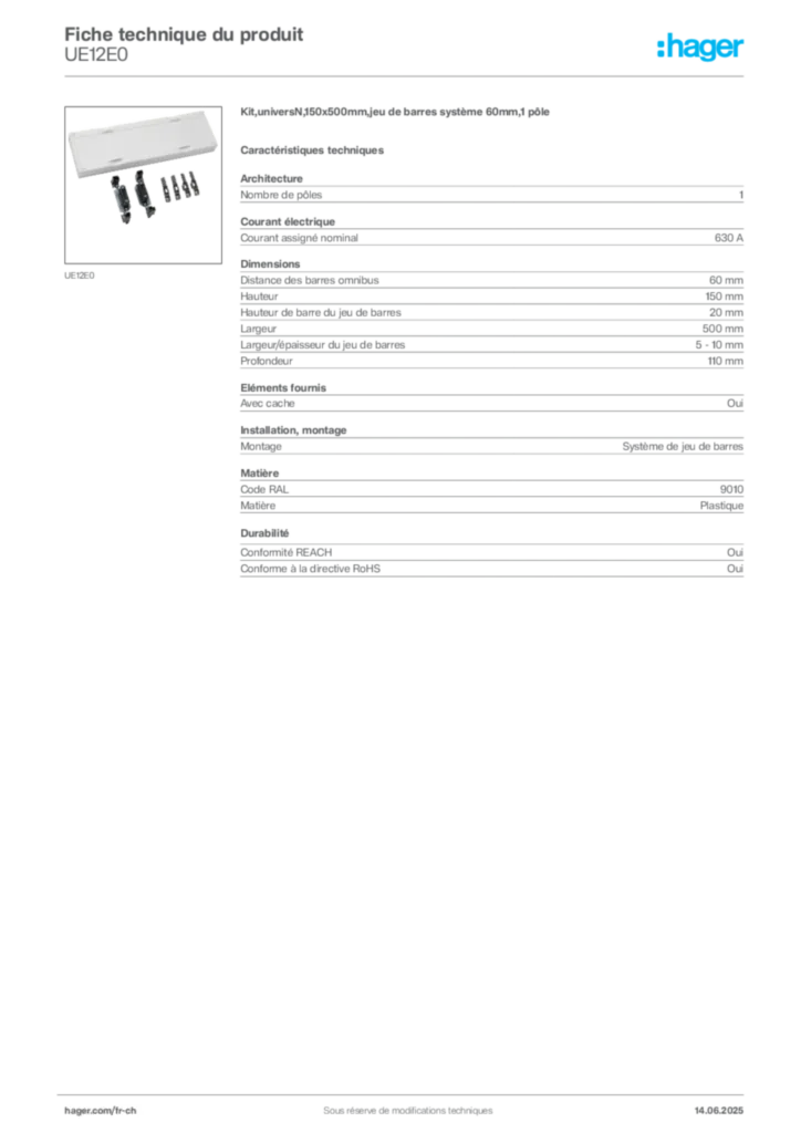 Image Hager Fiche technique du produit UE12E0 | Hager Suisse