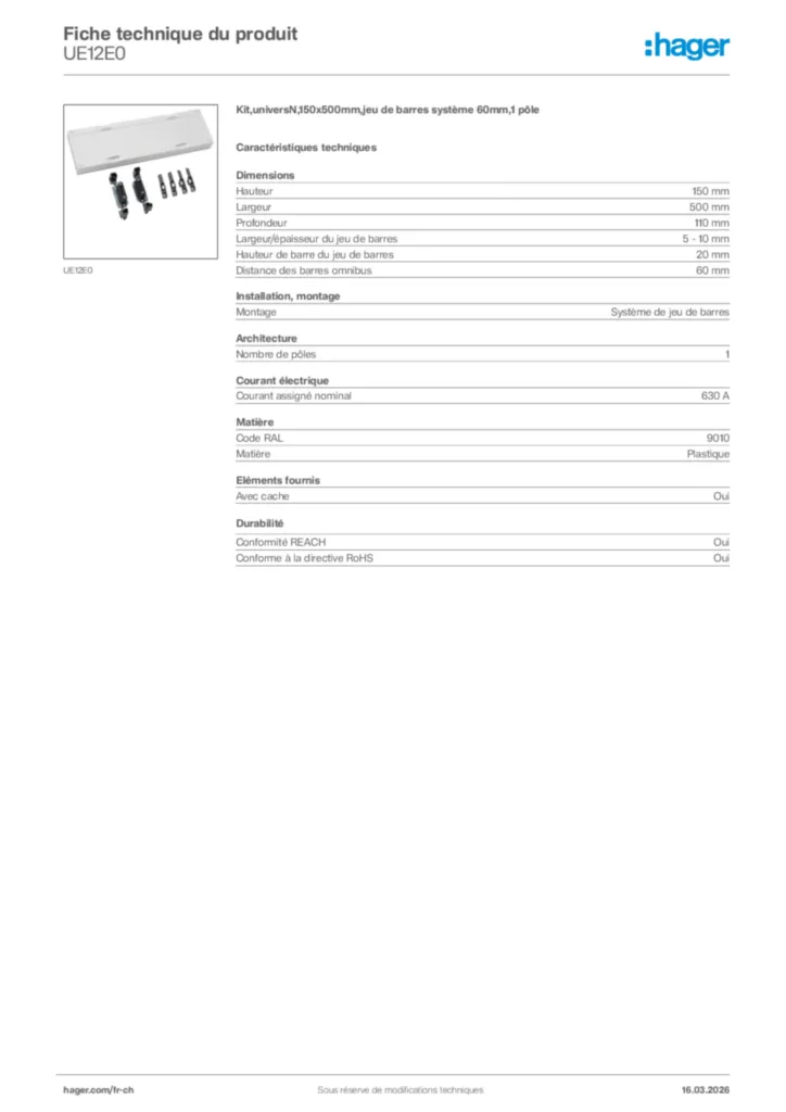 Image Hager Fiche technique du produit UE12E0 | Hager Suisse