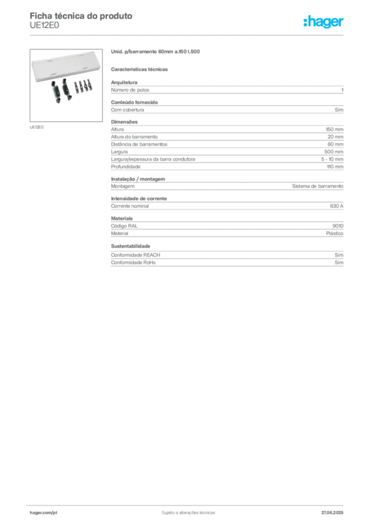 Imagem Hager Ficha técnica do produto UE12E0 | Hager Portugal