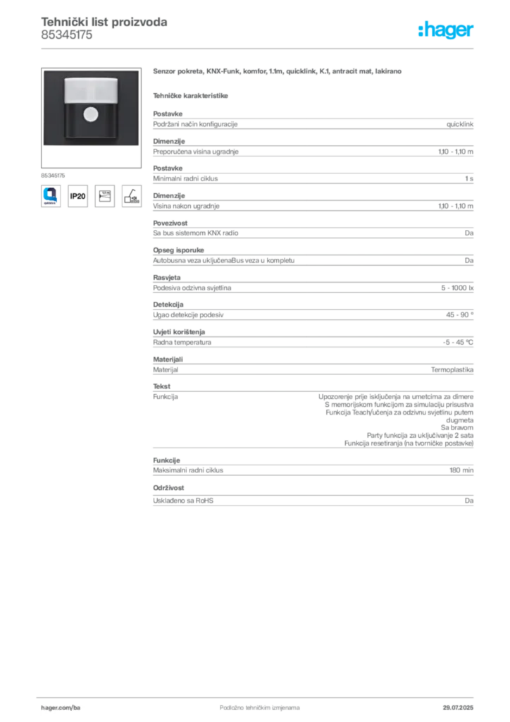 Slika Hager Product data sheet 85345175  | Hager