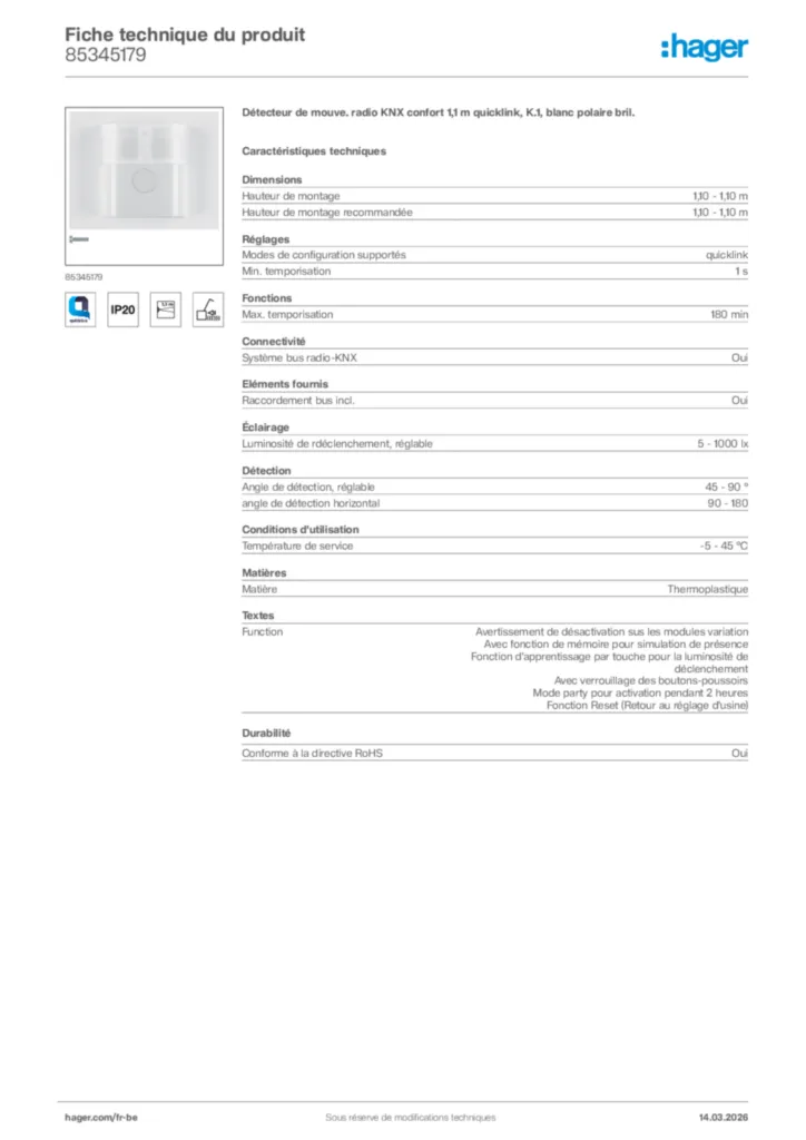 Image Hager Fiche technique du produit 85345179 | Hager Belgique