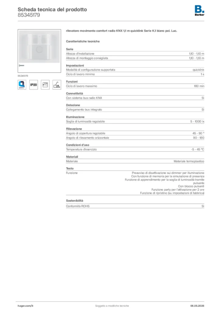 Immagine Berker Scheda tecnica del prodotto 85345179 | Hager Italia
