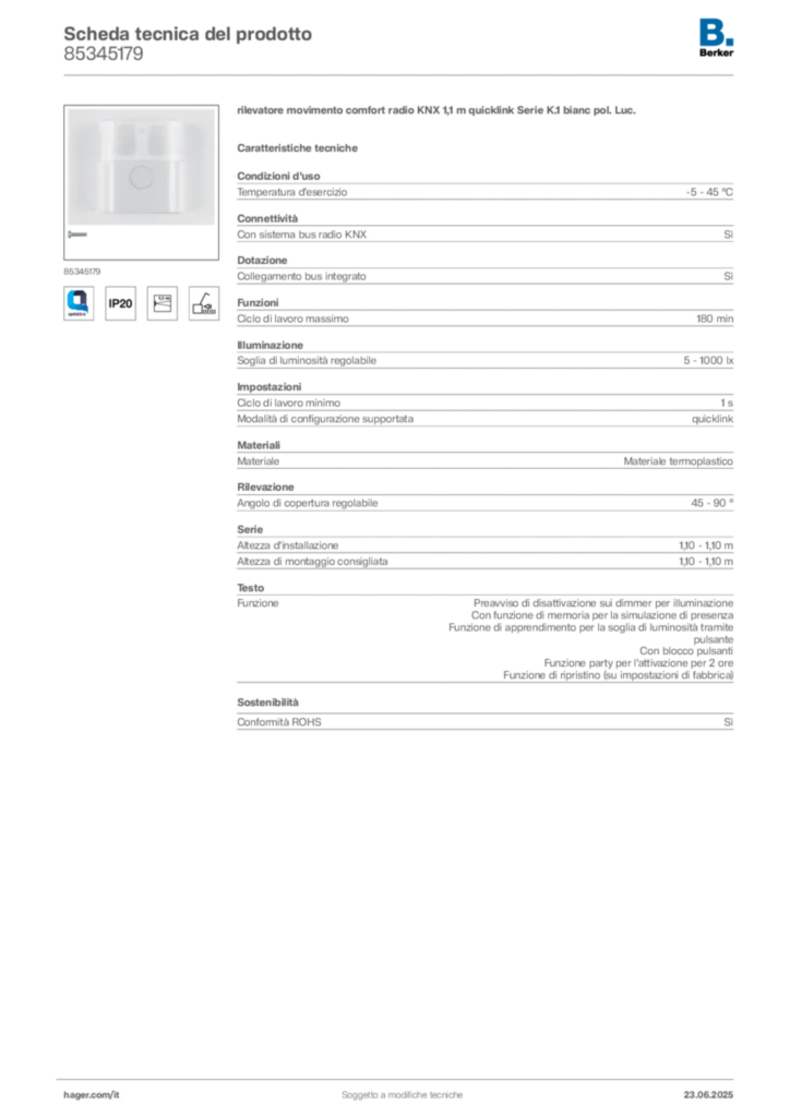 Immagine Berker Scheda tecnica del prodotto 85345179 | Hager Italia