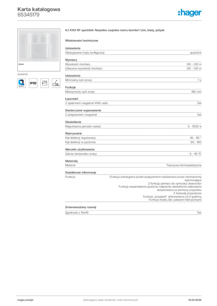 Zdjęcie Hager Karta katalogowa 85345179 | Hager Polska