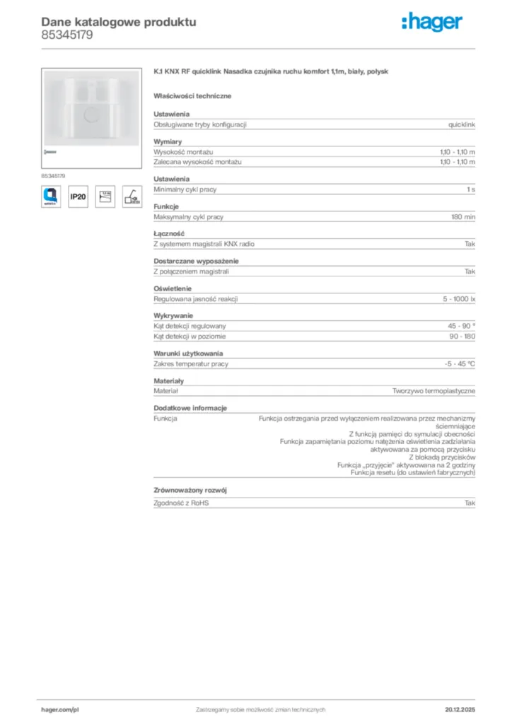 Zdjęcie Hager Dane katalogowe produktu 85345179 | Hager Polska