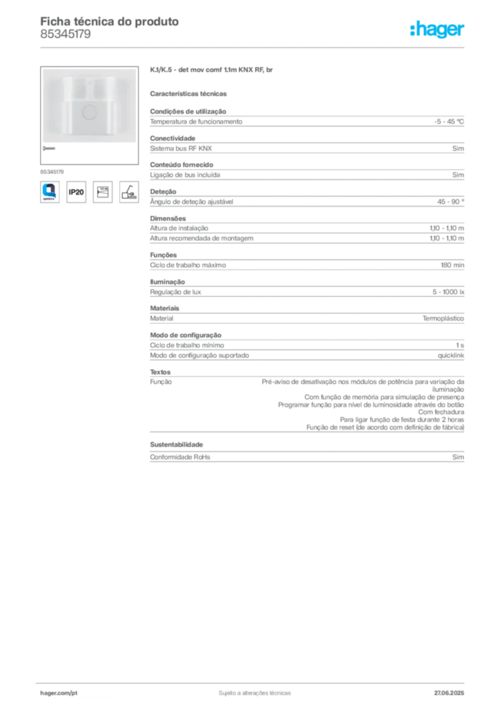 Imagem Hager Ficha técnica do produto 85345179 | Hager Portugal