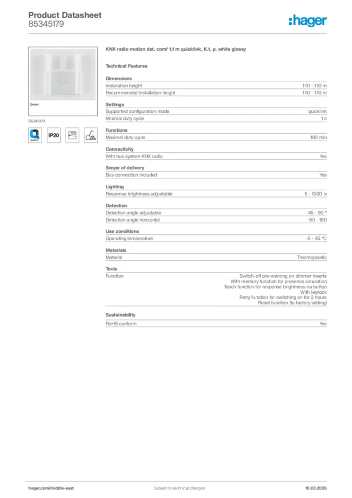Image Hager Product data sheet 85345179  | Hager