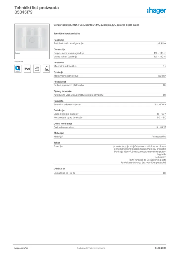 Slika Hager Tehnički list proizvoda 85345179  | Hager