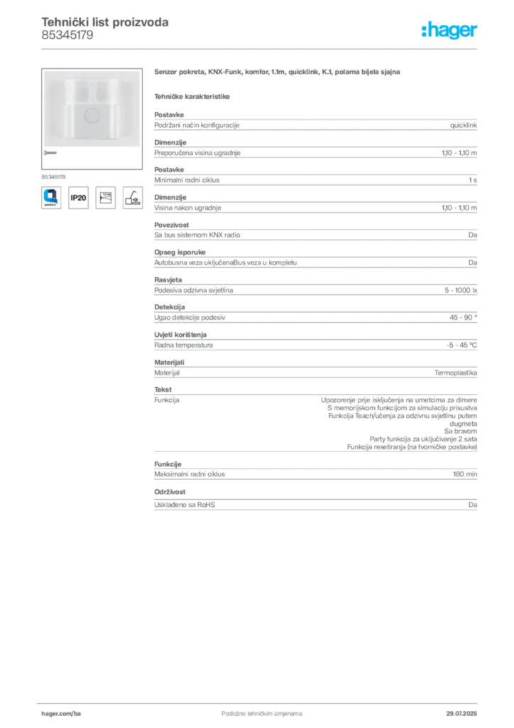 Slika Hager Product data sheet 85345179  | Hager