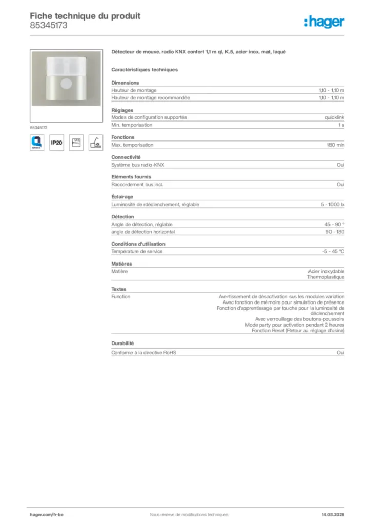 Image Hager Fiche technique du produit 85345173 | Hager Belgique