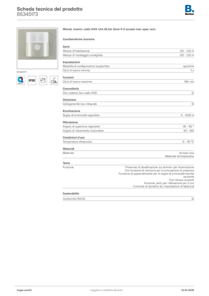 Immagine Berker Scheda tecnica del prodotto 85345173 | Hager Italia