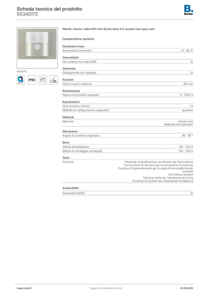 Immagine Berker Scheda tecnica del prodotto 85345173 | Hager Italia