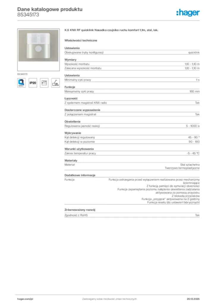 Zdjęcie Hager Dane katalogowe produktu 85345173 | Hager Polska