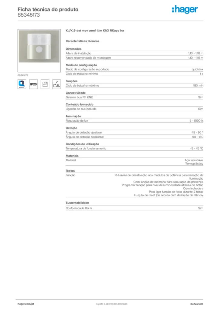 Imagem Hager Ficha técnica do produto 85345173 | Hager Portugal