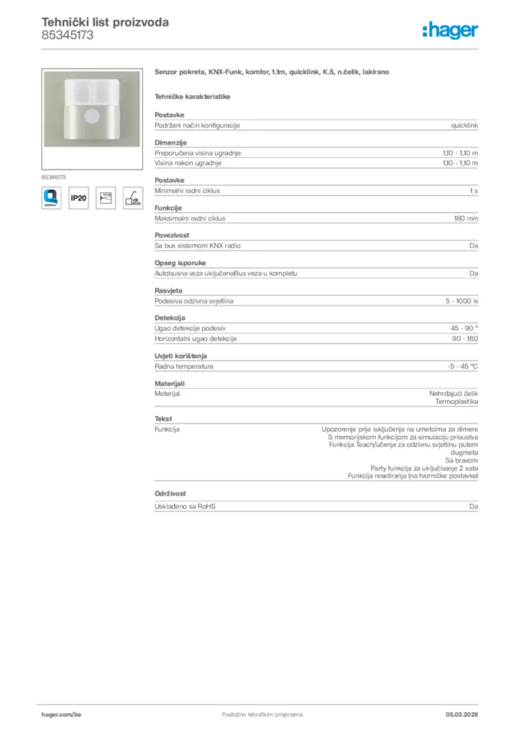 Slika Hager Tehnički list proizvoda 85345173  | Hager