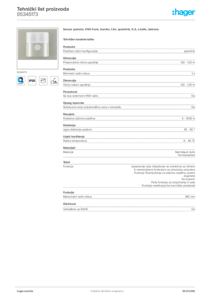 Slika Hager Product data sheet 85345173  | Hager