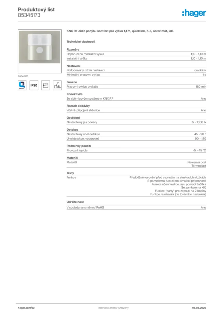 Obrázek Hager Product data sheet 85345173 | Hager