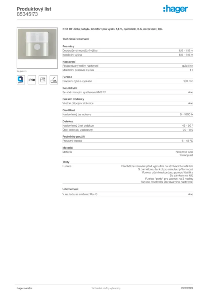 Obrázek Hager Produktový list 85345173 | Hager