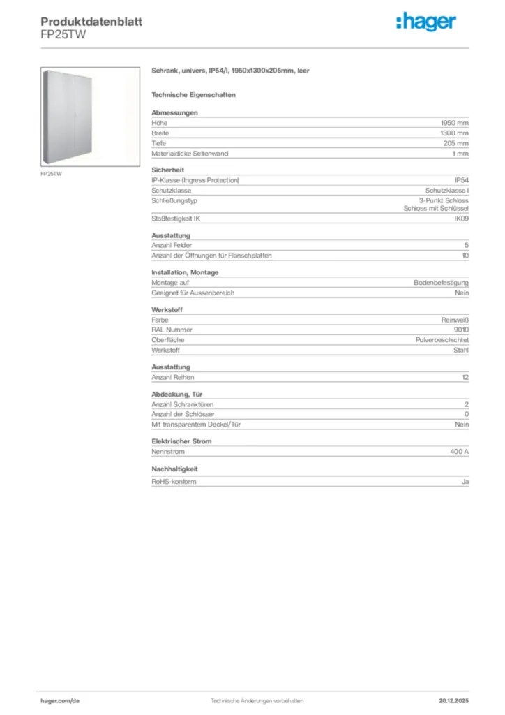 Bild Hager Produktdatenblatt FP25TW | Hager Deutschland