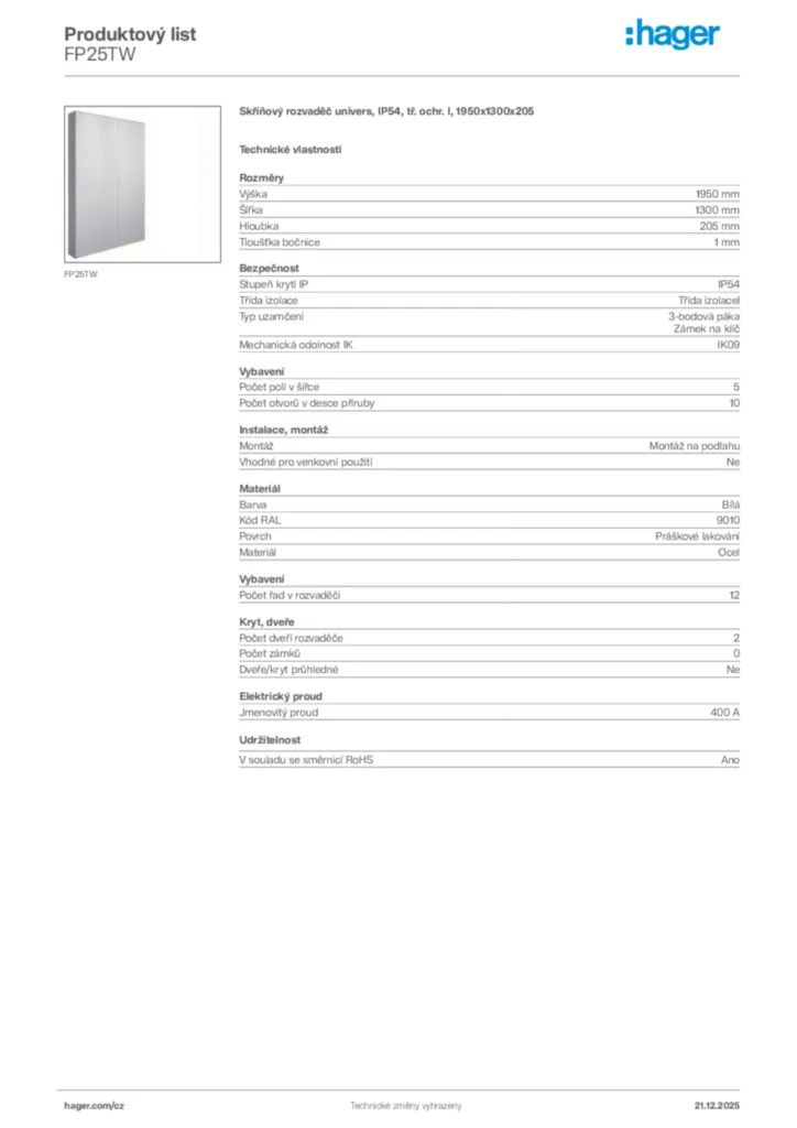Obrázek Hager Produktový list FP25TW | Hager