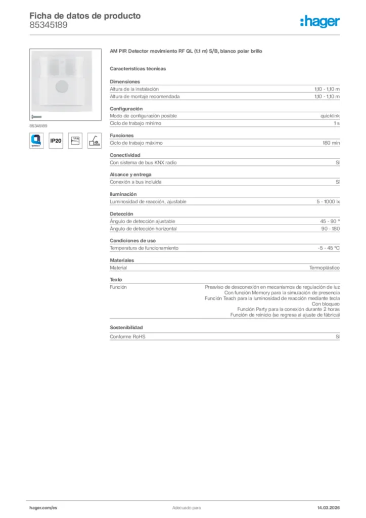 Imagen Hager Ficha de datos de producto 85345189 | Hager España