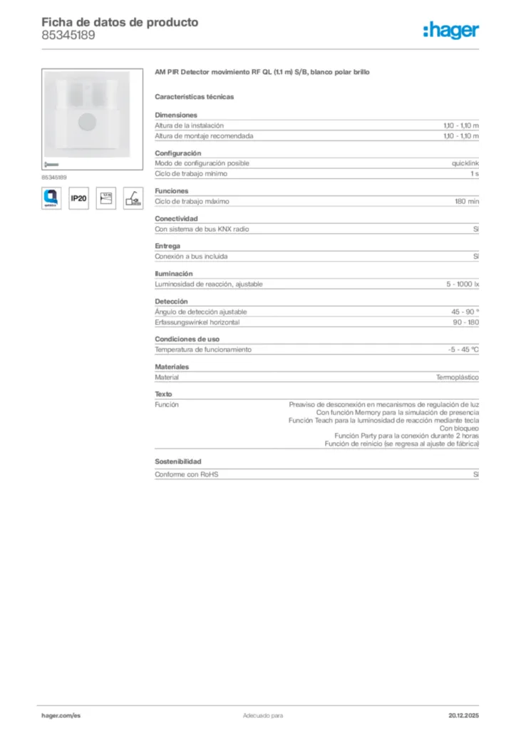 Imagen Hager Ficha de datos de producto 85345189 | Hager España