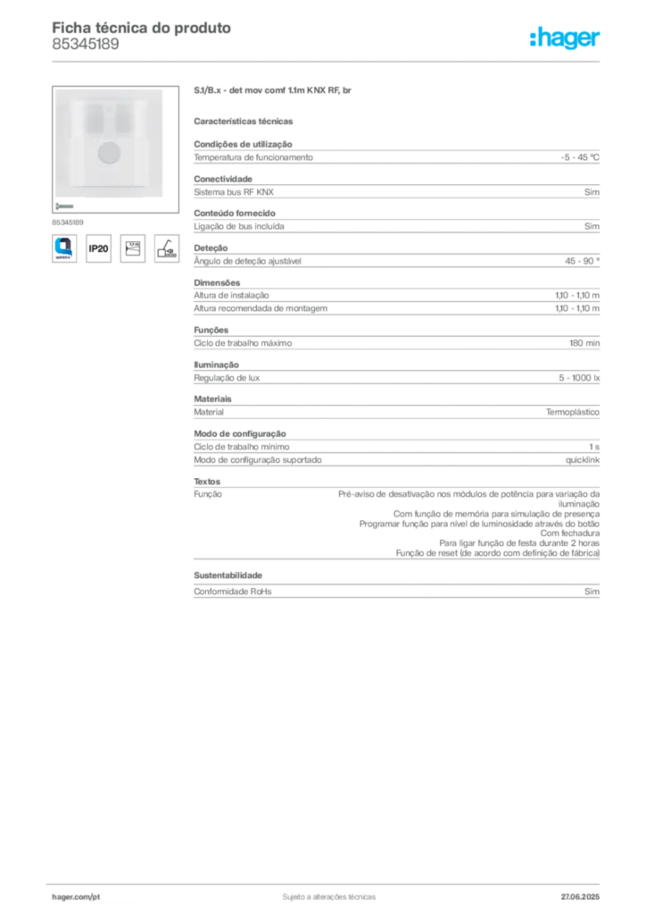 Imagem Hager Ficha técnica do produto 85345189 | Hager Portugal