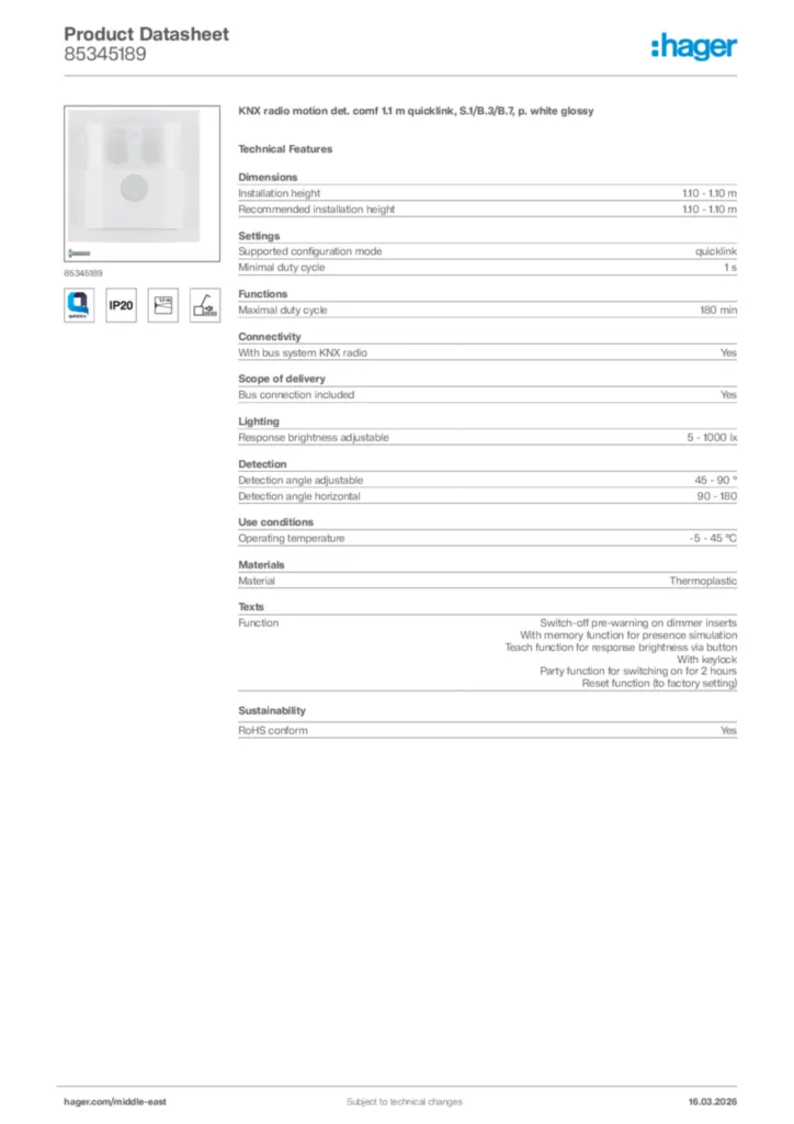 Image Hager Product data sheet 85345189  | Hager