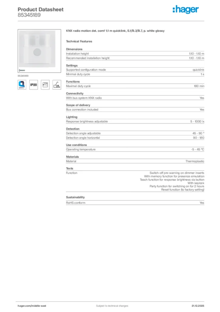 Image Hager Product data sheet 85345189  | Hager