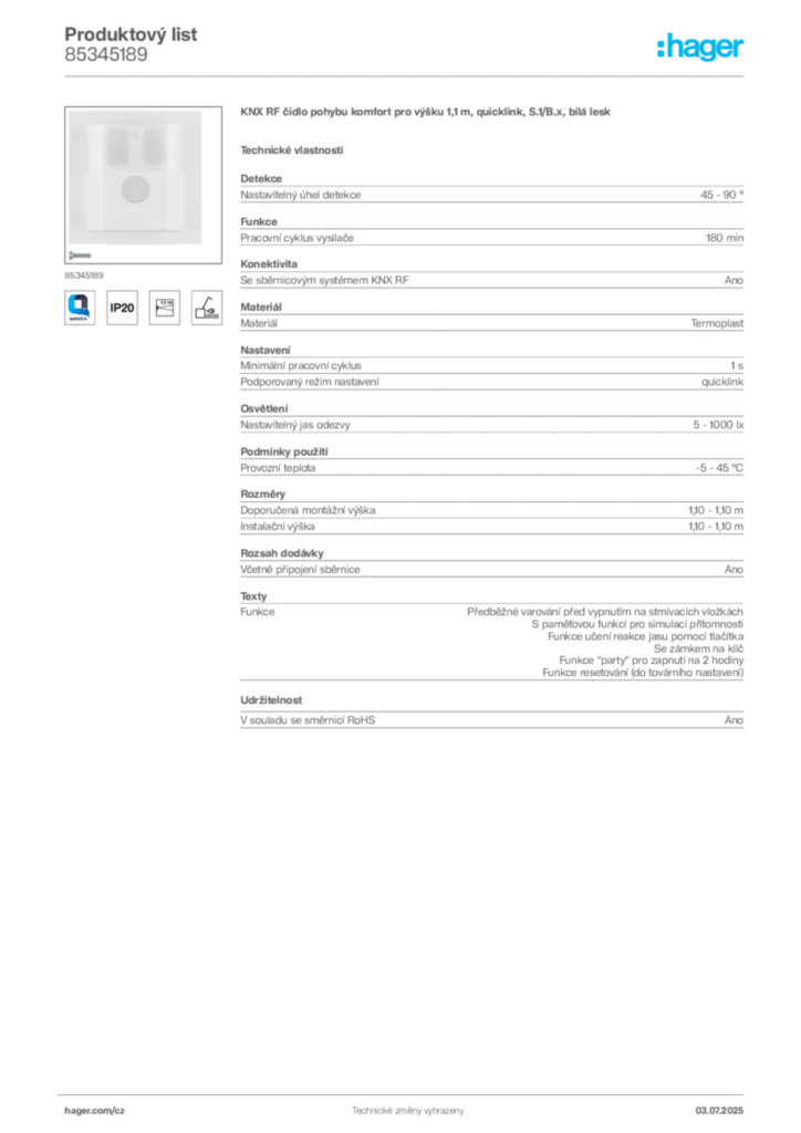 Obrázek Hager Produktový list 85345189 | Hager