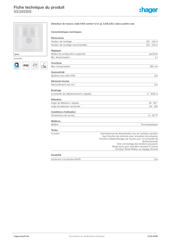 Image Hager Fiche technique du produit 85345188 | Hager Belgique