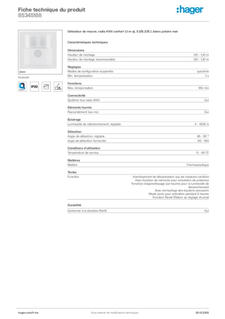 Image Hager Fiche technique du produit 85345188 | Hager Belgique