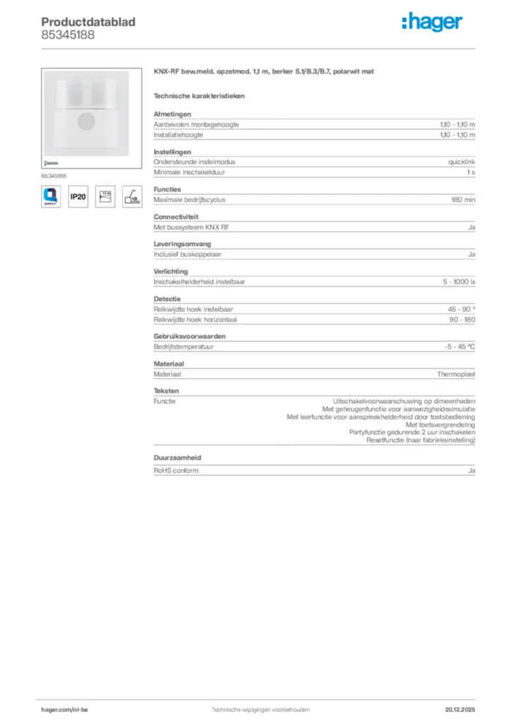 Afbeelding Hager Productdatablad 85345188 | Hager Belgium