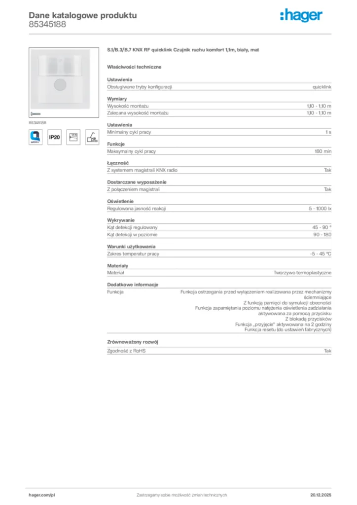 Zdjęcie Hager Dane katalogowe produktu 85345188 | Hager Polska