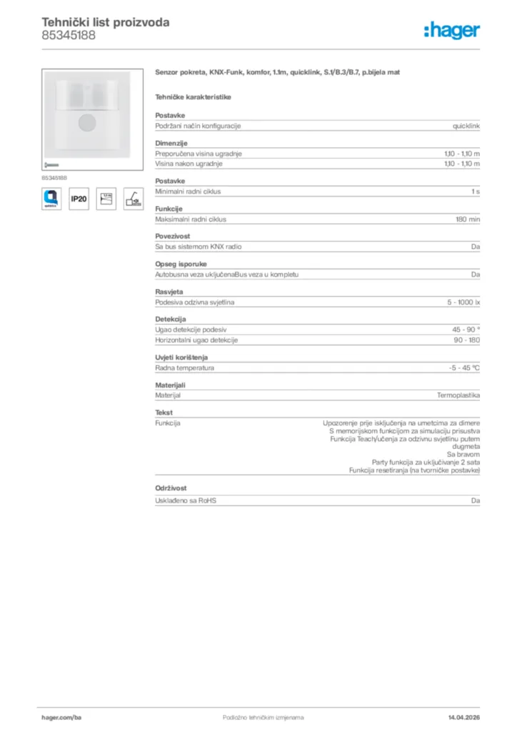 Slika Hager Tehnički list proizvoda 85345188  | Hager