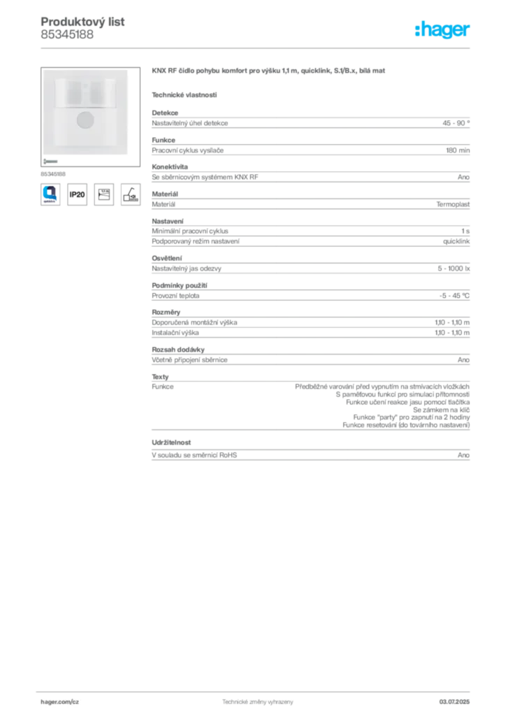 Obrázek Hager Produktový list 85345188 | Hager