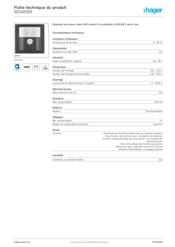 Image Hager Fiche technique du produit 85345185 | Hager Belgique