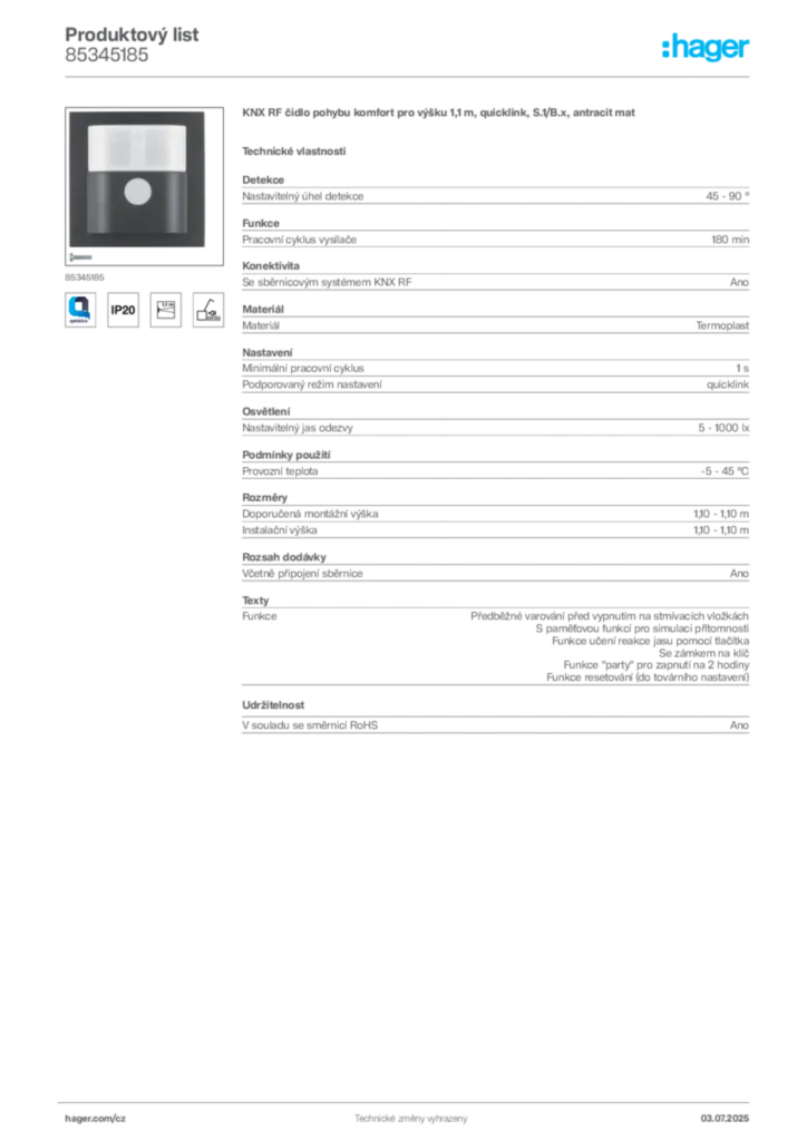 Obrázek Hager Produktový list 85345185 | Hager