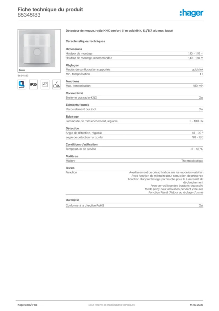 Image Hager Fiche technique du produit 85345183 | Hager Belgique